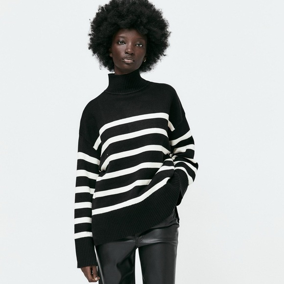 Zara Women Zip Turtleneck Sweater Ecru/Black Striped Knit Fall Winter Size Large - Picture 1 of 5